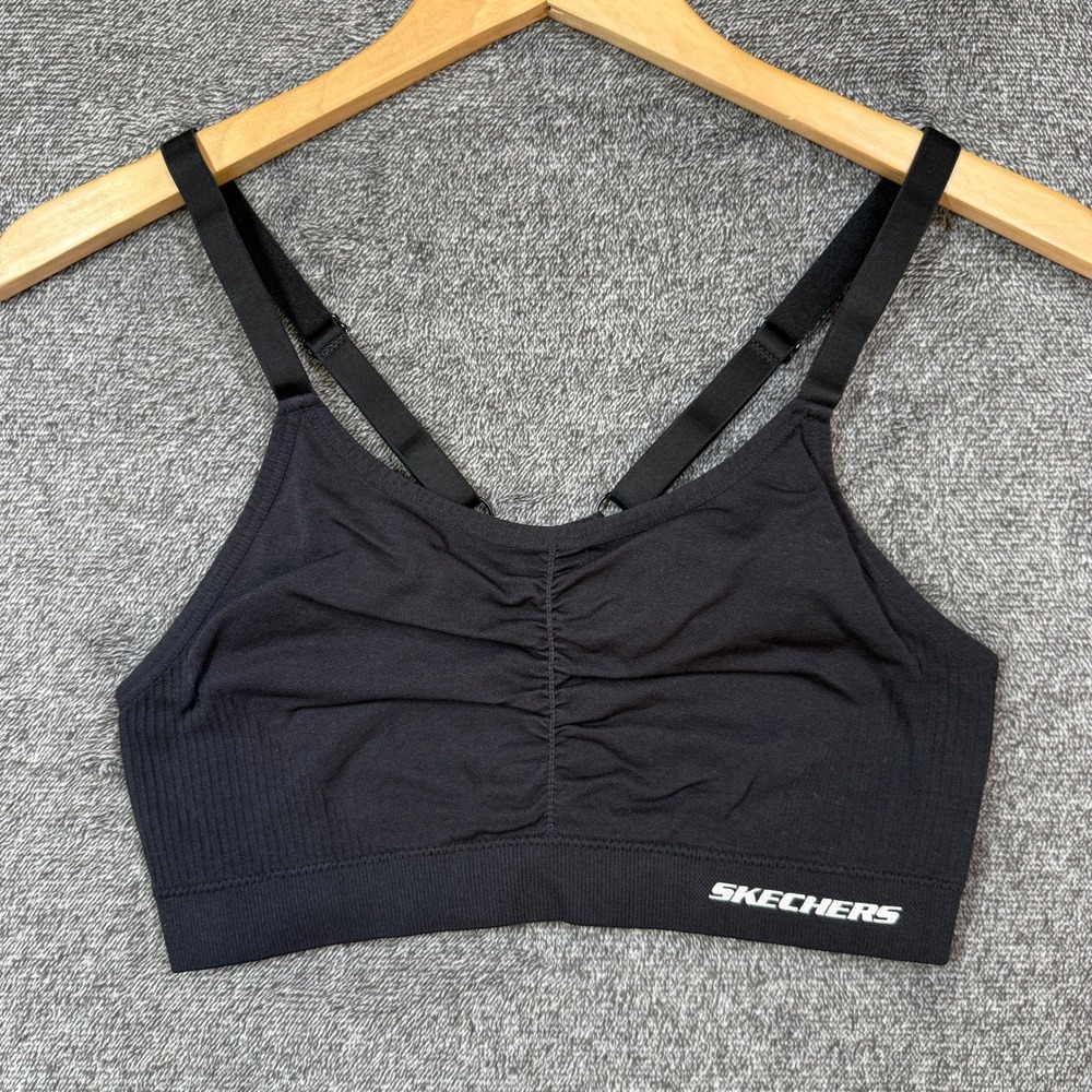 Skechers Sports Bra Seamless Ruched Black Adjustable Straps Size Large